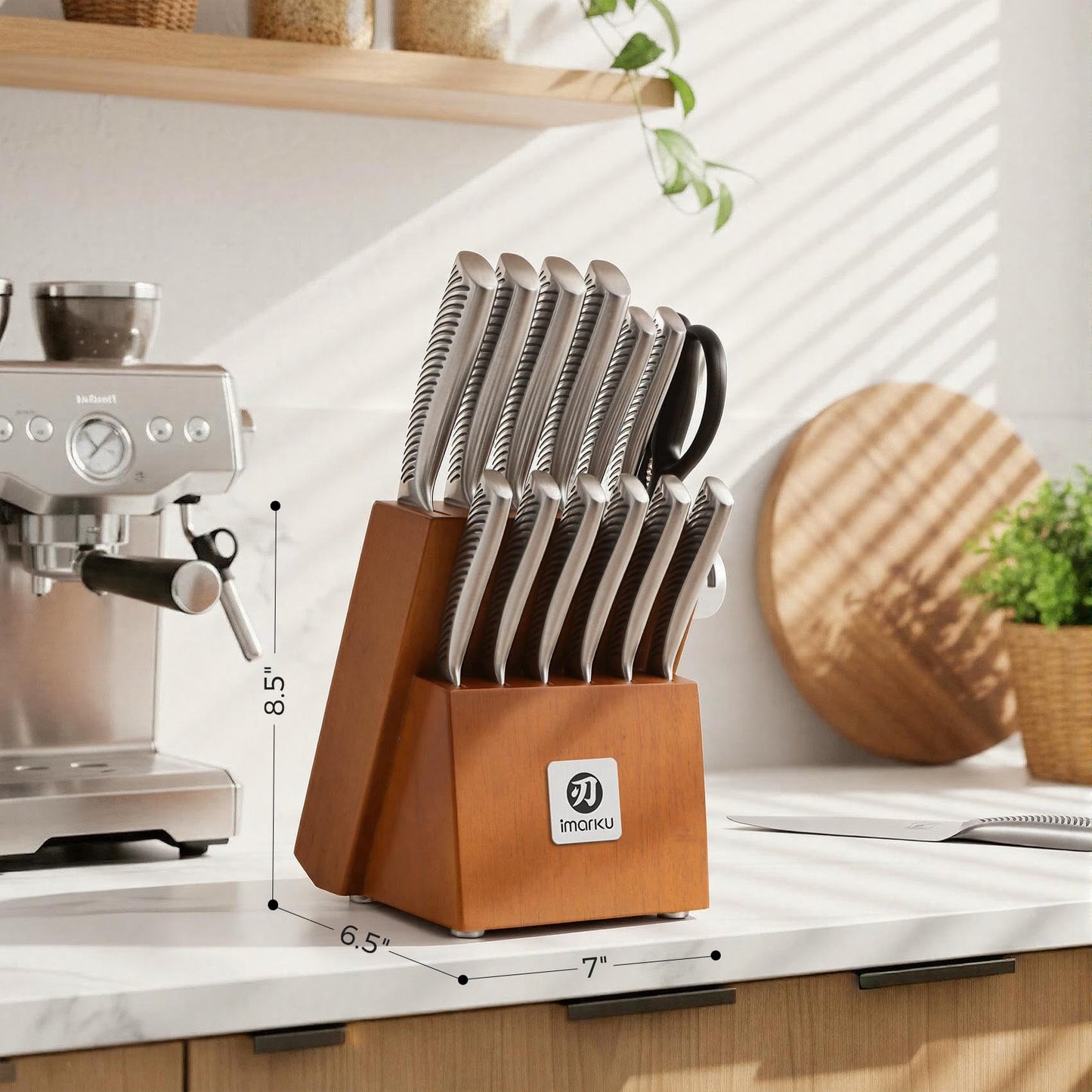 imarku 14-Piece Knife Set, Japanese Stainless Steel Knives Set for Kitchen, Full-Tang Gyutou Knife Sets with Block and Build-in Sharpener, Brown, Dishwasher Safe, House Warming Gifts