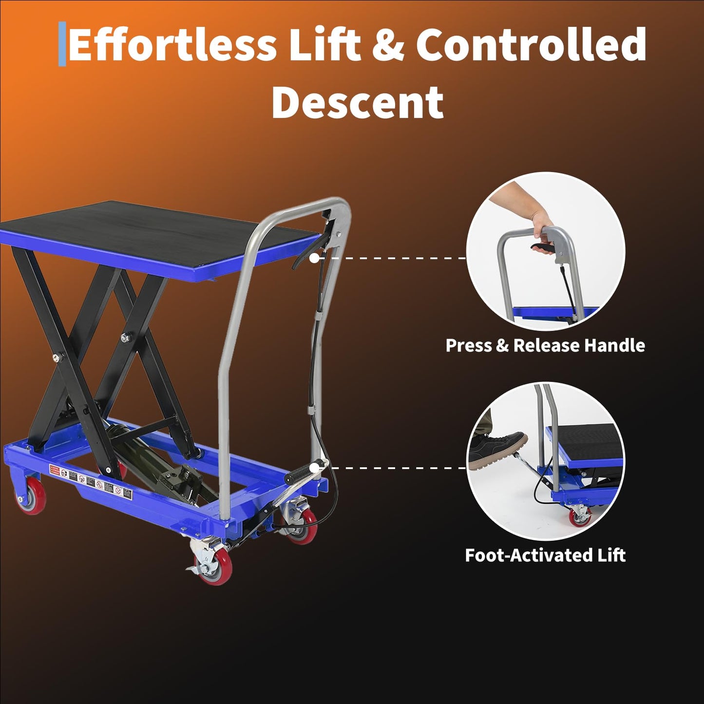 Hydraulic Lift Table Cart,1100lbs Capacity 32.2" Lifting Height,Manual Single Scissor Lift Table with Non-Slip Pad, 4 Wheels & Reflective Strips,for Material Handling & Transportation