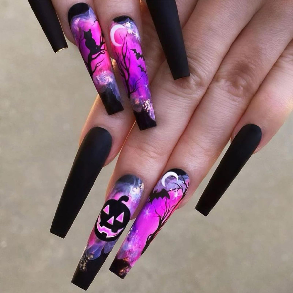 IMSOHOT Press on Nails Long Coffin Fake Nails Black Purple Ombre Glossy Full Cover Ballerina Acrylic False Nails with Pumpkins Designs for Women 24Pcs Stick on Nails
