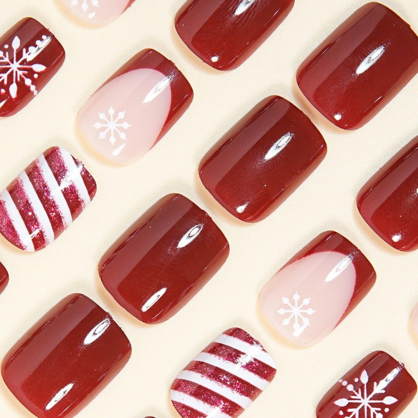 24 Pcs Christmas Press on Nails Short Square French Fake Nails White and Red Stripes Designs Winter Snowflake False Nails Full Cover Red Glitter Stick on Nail Sparkly Acrylic for Women