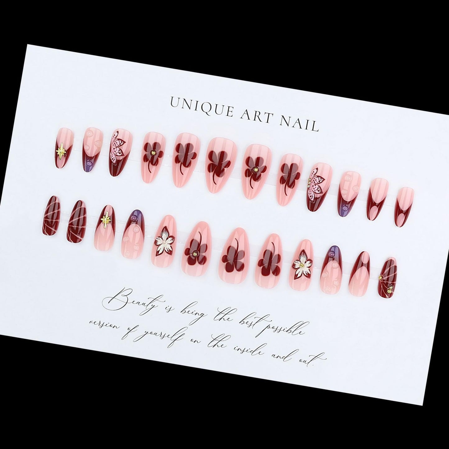 Long Press on Nails Almond Fake Nails Burgundy Artificial Nail Floral French Tips Gold Star Charm Purple Gradient Glossy Romantic Stick on Nail for Women 24pcs