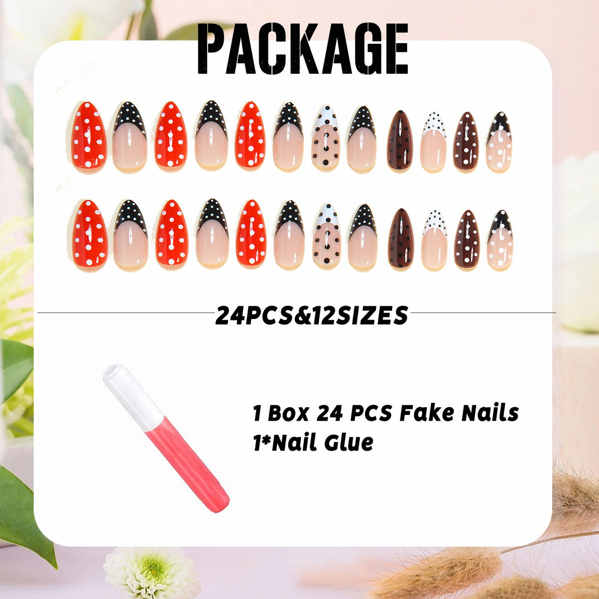 IMSOHOT Polka Dot Press on Nails Almond Medium Fake Nails Red Black French Tip False Nails Full Cover Y2K DIY Artificial Glossy Glue on Nails for Women Girls 24Pcs