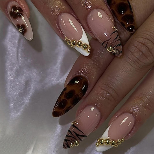 French Tips Press on Nails Medium Almond Nails Press on with 5D Rhinestones Flower Charm Design Glossy Brown Leopard Glue on Nails Tortoise Shell Fake Nail Fall Winter Nail for Women Manicure 24Pcs