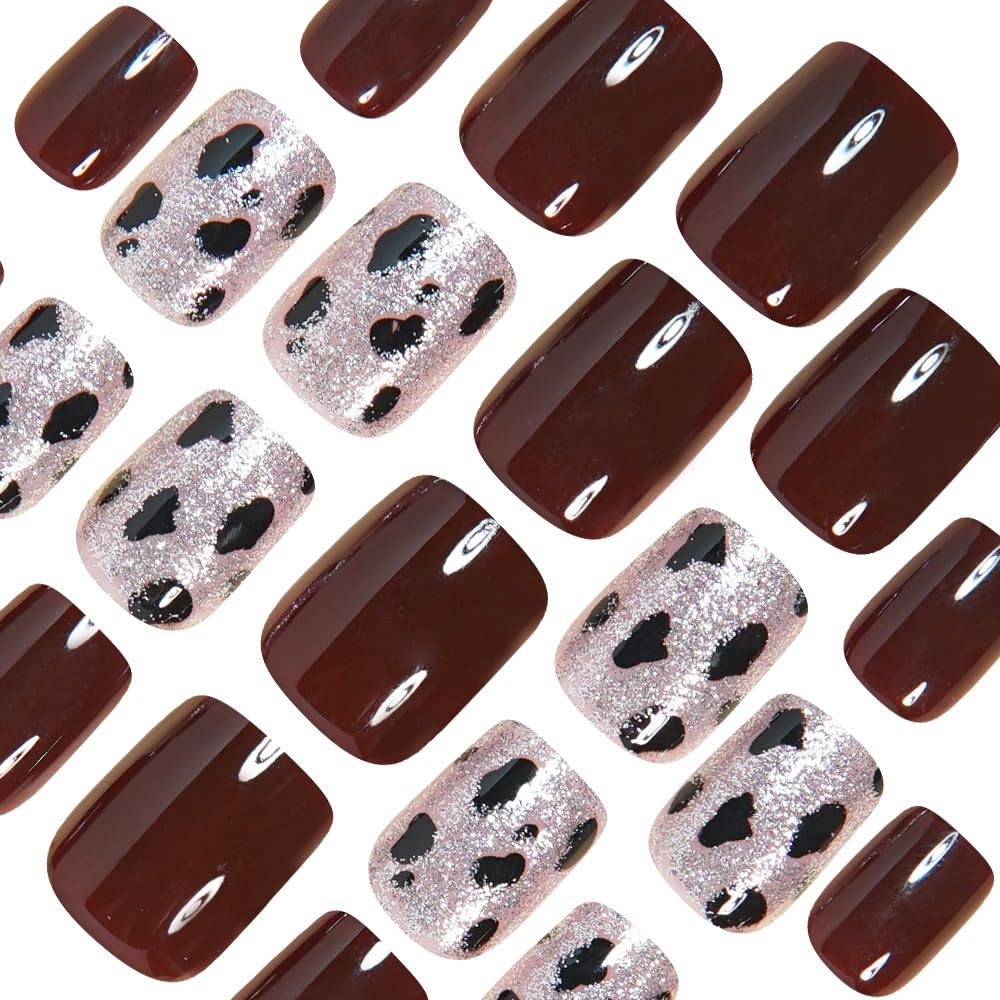 CEWEWP Short Square Press on Nails Red Brown Fake Nails Leopard Print False Nail with Milk Cow Print Glitter Design Full Cover Acrylic Glossy Stick on Nails Winter Glue on Nail for Women 24PCS