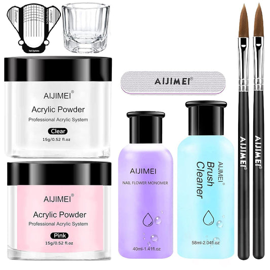 AIJIMEI Acrylic Nail Kit With Acrylic Liquid Monomer, Acrylic Powder In White, Clear, Pink, Brush Cleaner ,Acrylic Nails For Beginners French Nails Extension
