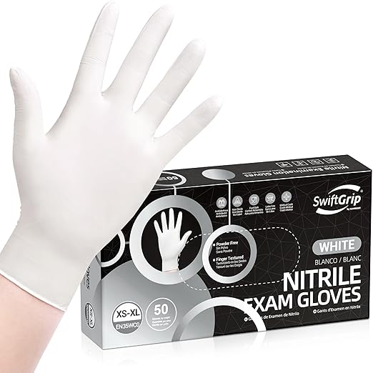 SwiftGrip Disposable Nitrile Exam Gloves, 3-mil, XL, Box of 50, White Nitrile Gloves Disposable Latex Free for Medical, Cleaning, Cooking & Esthetician, Food-Safe, Powder-Free, Non-Sterile