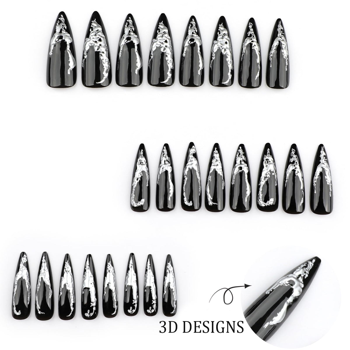 IMSOHOT Press on Nails – 3D Silver Edge, Long Stiletto Fake Nails Black Ombre Glossy Full Cover Reusable Acrylic Glue on Nails Y2K Goth Gel False Nails