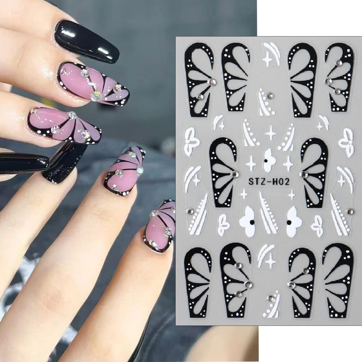 Butterfly Nail Stickers - 5D Rhinestone Butterfly Nail Decals Black Flowers with Gold Pearls Nail Designs Self-Adhesive Nail Art Supplies Women's Nail Art