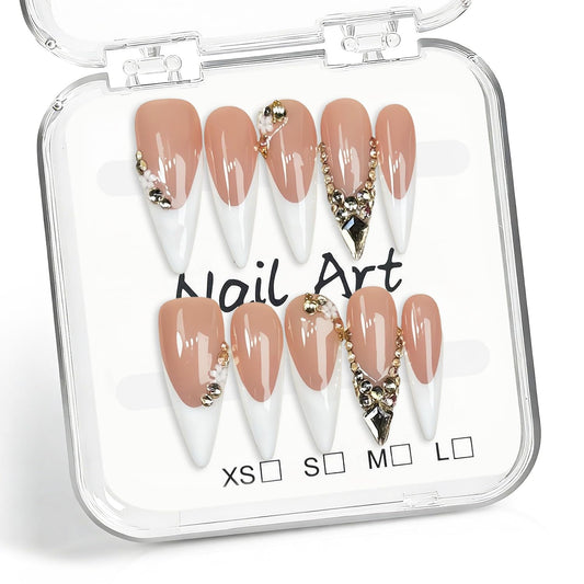 Handmade Press on Nails Long Stiletto Fake Nail Luxury 3D Golden Rhinestones Design White French Tip Stick on Nails Thick Fake Nail DIY Art Elegant Elegant Acrylic Nails for Women (S)
