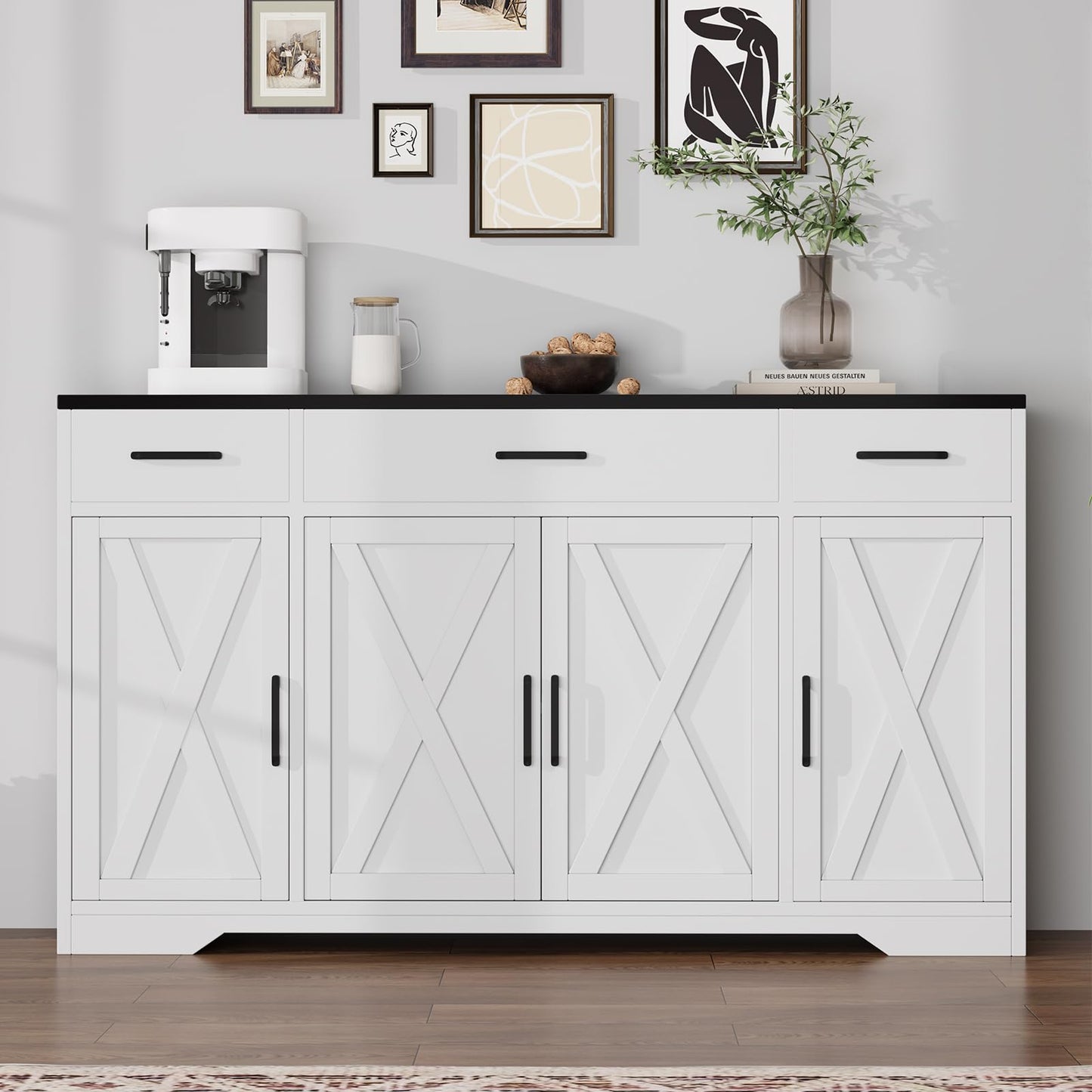 SLEKVERSA 55" Sideboard with Storage Kitchen Storage Cabinet with 3 Drawers, Modern Large Wood Farmhouse Buffet Cabinet TV Stand Coffee Bar for Living Room Hallway