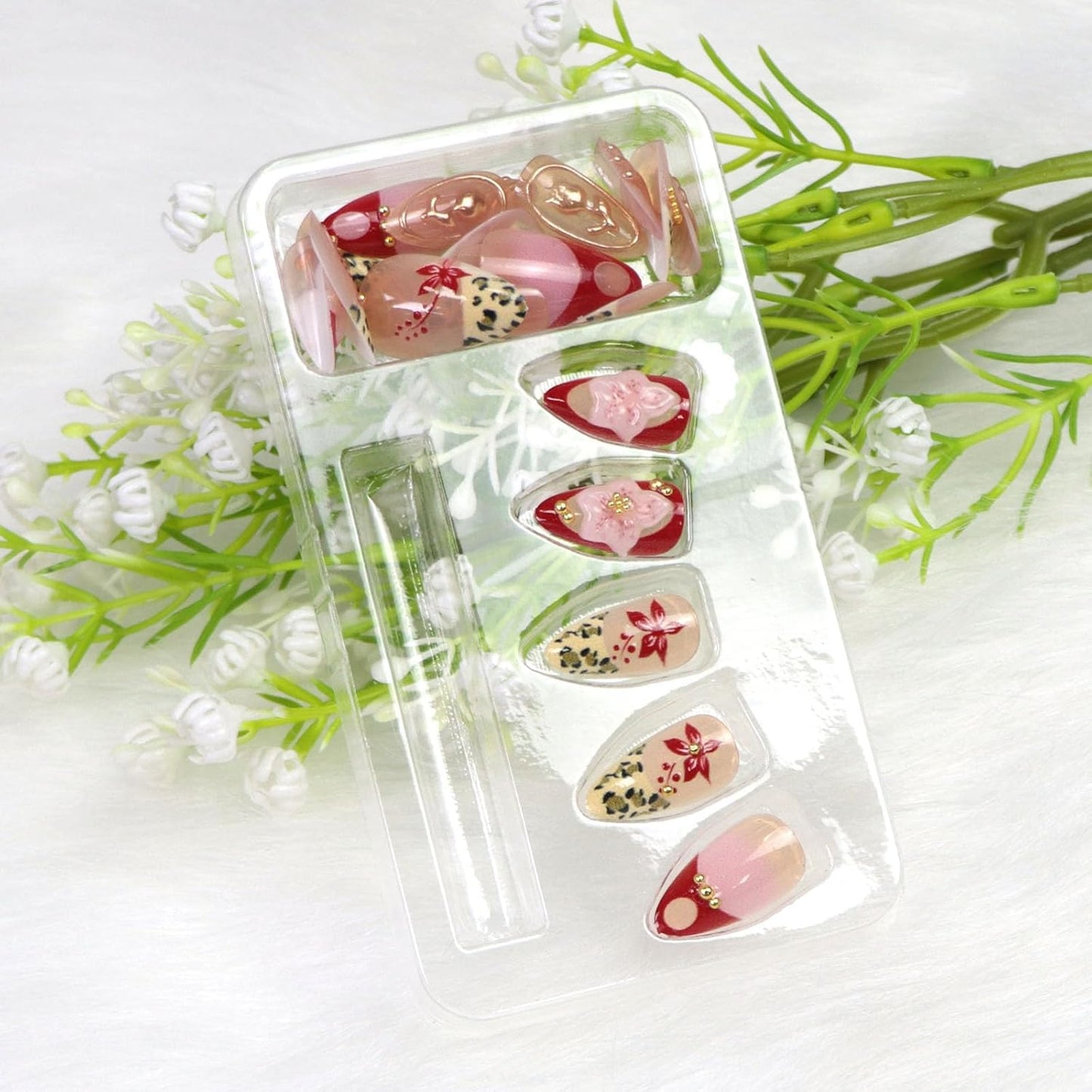 Short Press on Nails Almond Fake Nails with 3D Flower Gold Pearl Leopard Designs Red French Tips Nails Press ons Glossy Nude Pink Acrylic Nail Winter Fall Stick on Nail for Women 24 Pcs