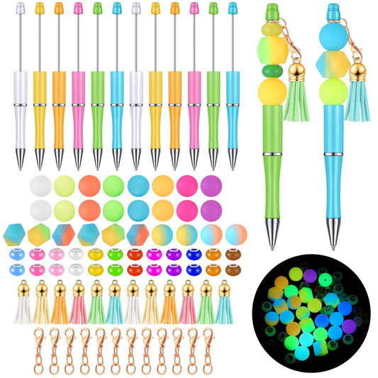 Tinlade 12 Pieces Beadable Pens Bulk with 50 Pcs Assorted Colors Beads Pens DIY Making Kit Multicolor Ballpoint Black Ink for Women Kids Students Office School(Classic Style)