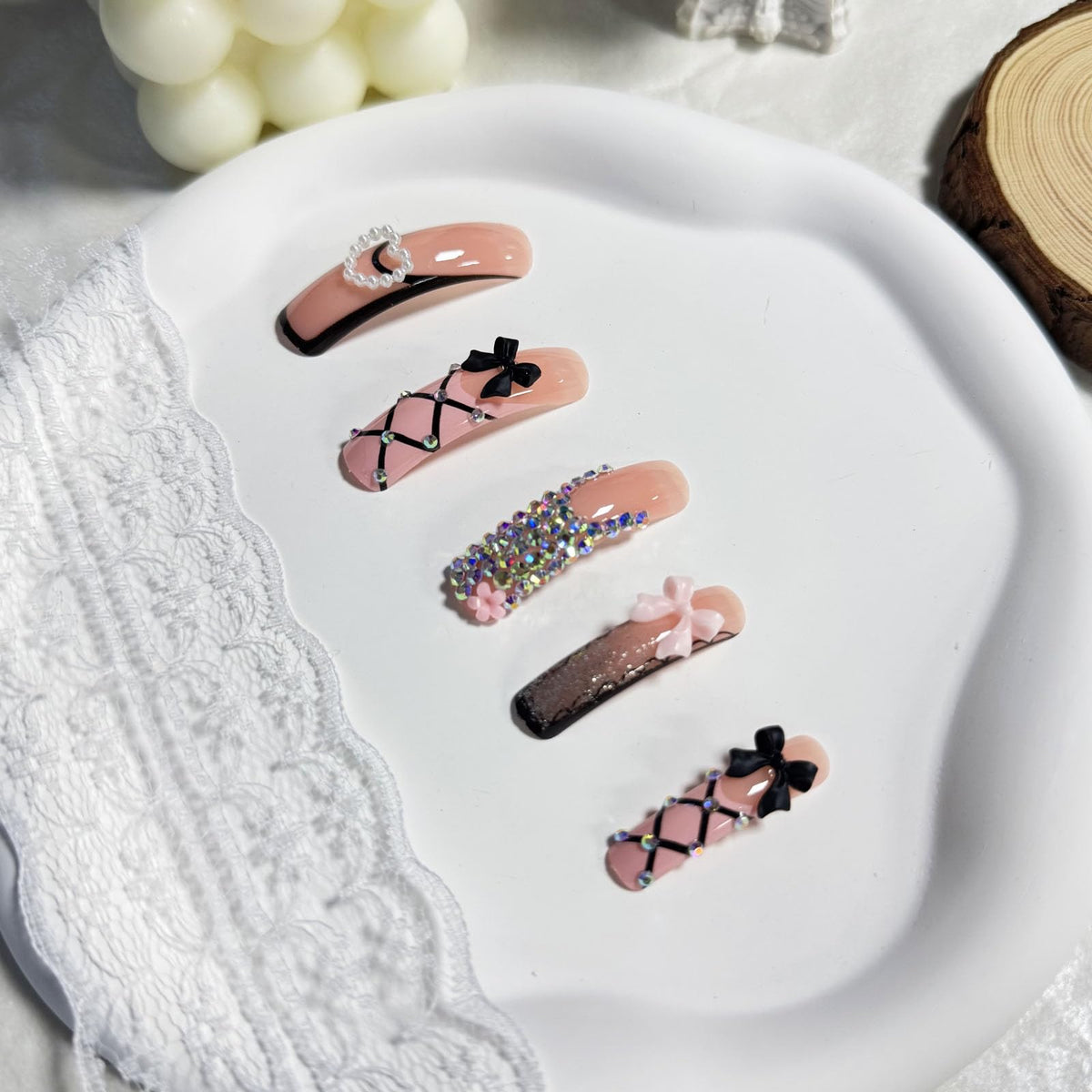 IMSOHOT Curved Press on Nails Long Square Fake Nails Pink Black French Tip False Nails with Bow, Glitter, Rhinestone Designs Cute Acrylic Extra Long Stick on Nails for Women Girls