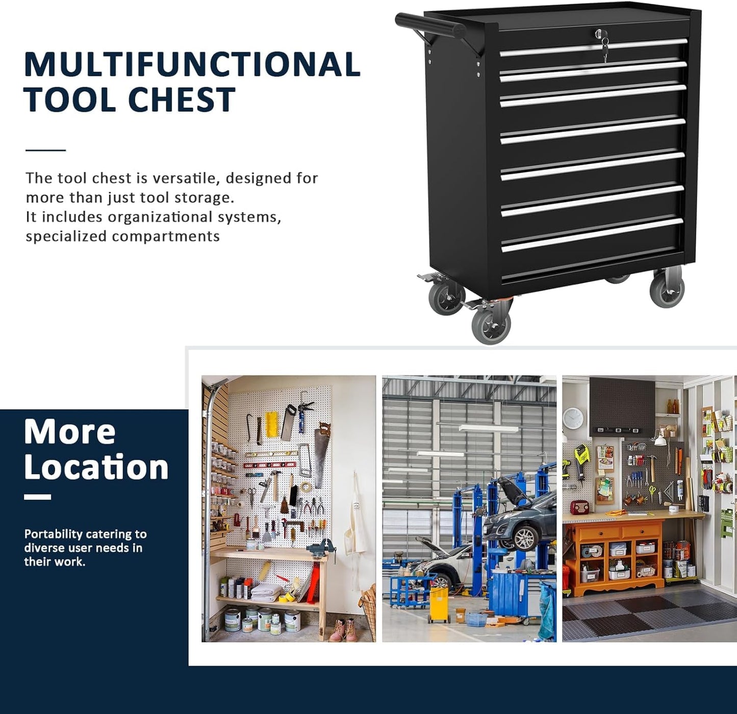 OAKANDO 7-Drawer Metal Rolling Tool Chest with Wheels,Tool Storage Cabinet with Locking System，Toolbox with Wheels for Garage,Workshop, Repair Shop(Black, 7-Drawer)