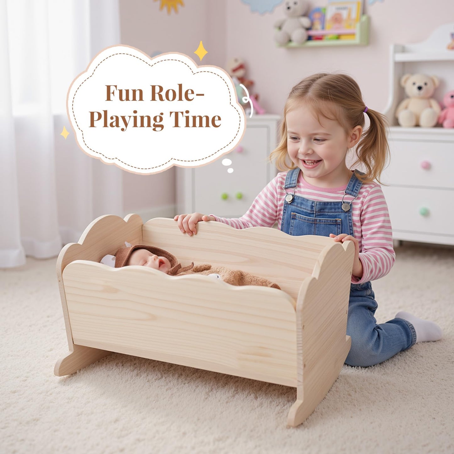 BABESIDE 3 Pcs Baby Doll Crib Set for Dolls up to 16 Inch, Wooden Baby Doll Accessories Babydoll Bed Dolls Cradle with Bedding Set for Kids Pretend Play Toys, Wood Doll Crib