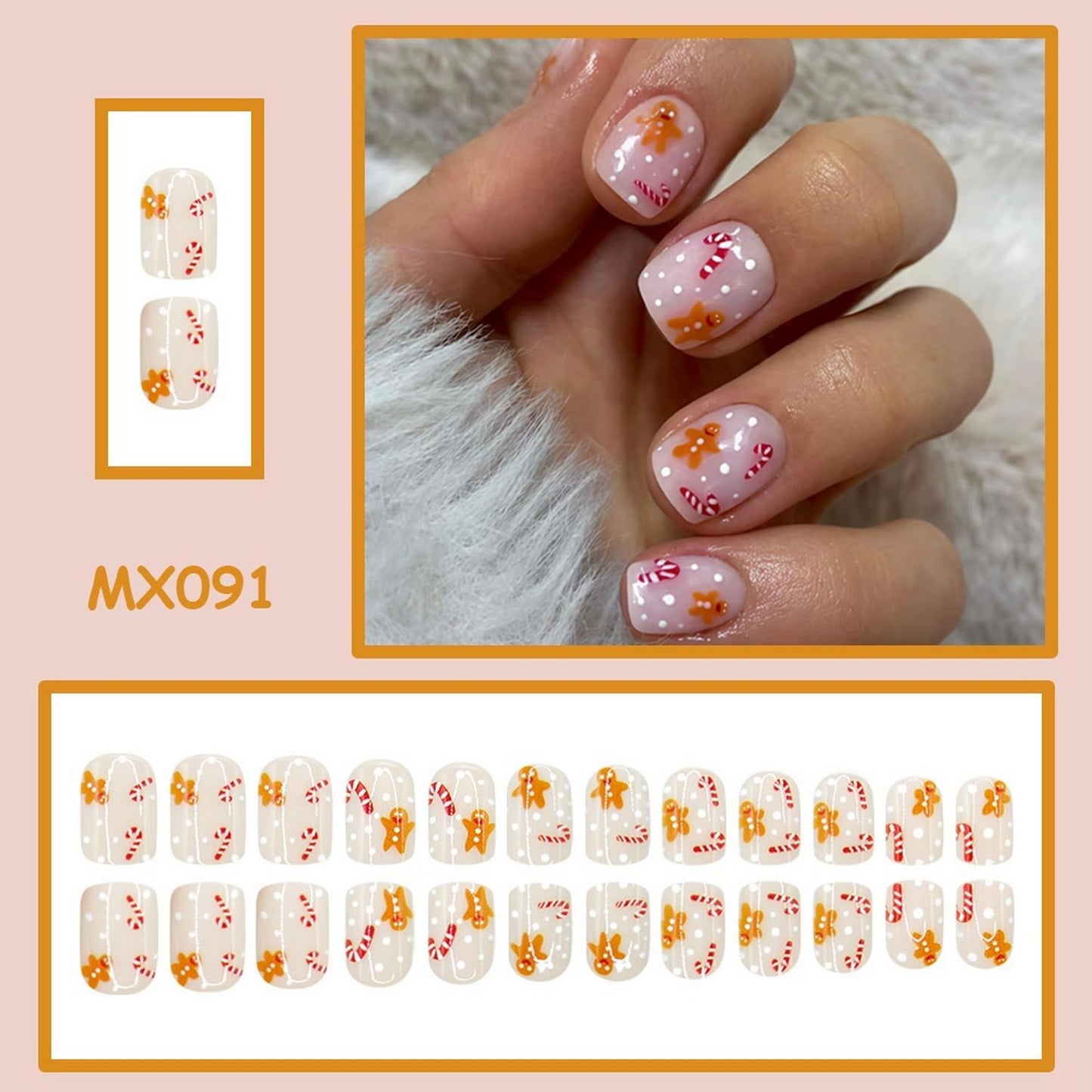 24 Pcs Christmas Press on Nails Short Square Fake Nails False Nails with Designs Cute Gingerbread Man Crutch Snowflake Full Cover Glossy Glue on Nails Xmas Acrylic Nail for Women Girls