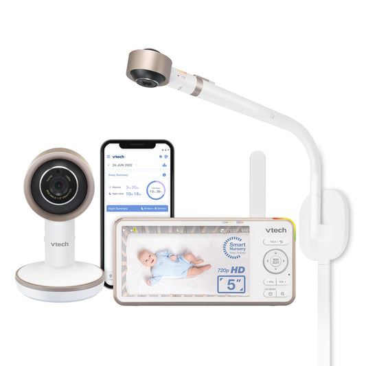 VTech V-Care VC2105 1080p FHD Over-The Crib Mount Smart Baby Monitor 5” 720p LCD Screen,Table Stand,Remote Access,Versatile Placement,Intelligence Detection, Sleep Analysis,18hrs Recording,with WiFi