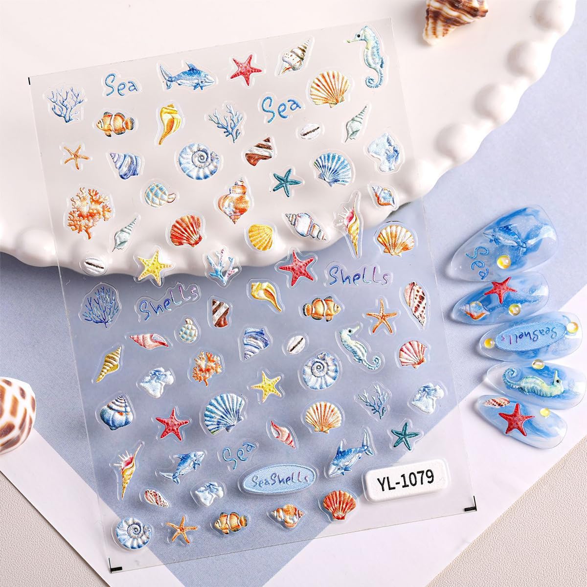 5D Embossed Summer Nail Stickers Jellyfish Seashell Starfish Conches Ocean Nail Decals Engraved Nails Supplies Tropical Beach Self-Adhesive Nail Art Sticker for Women Girls Fingernail Decorations