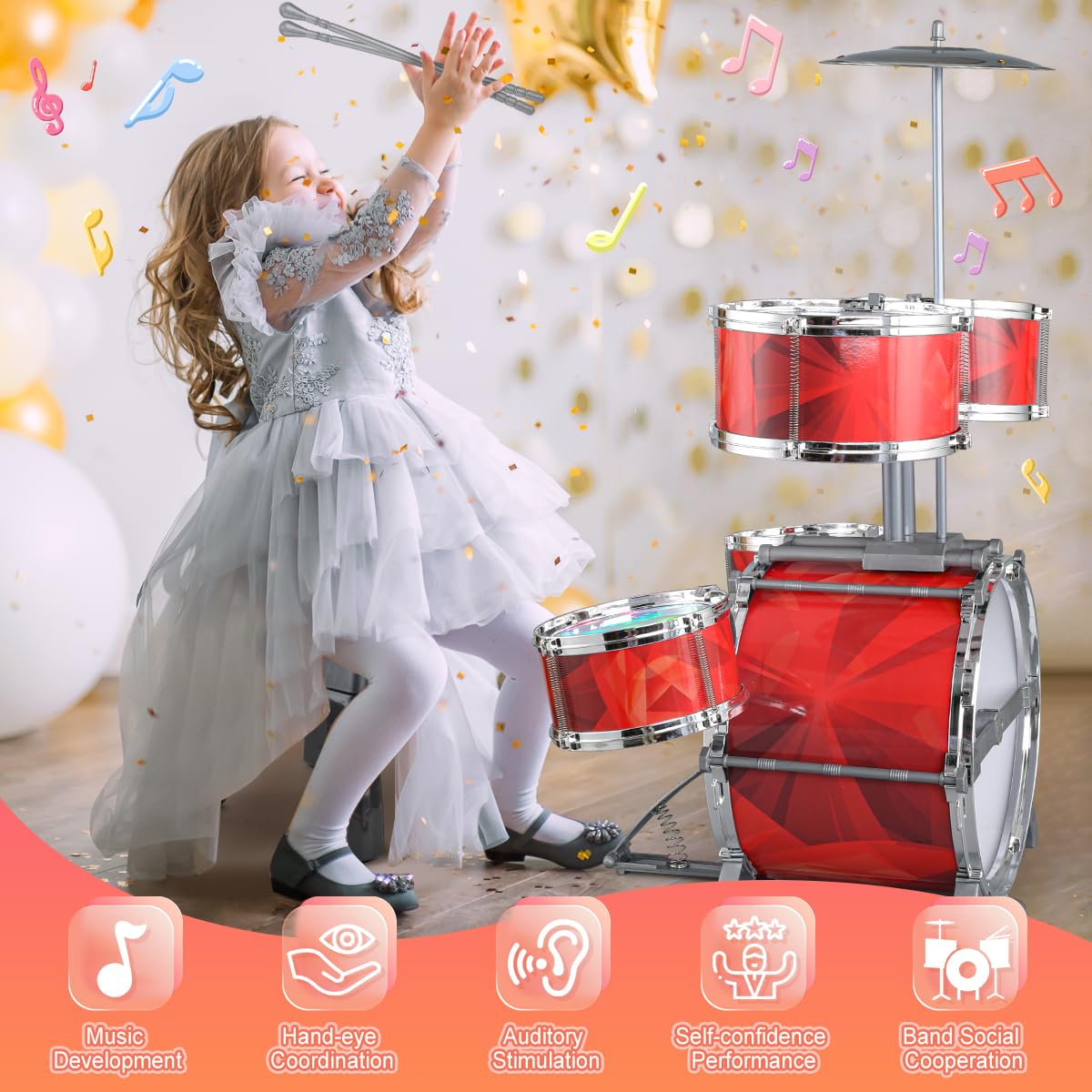 Toddlers Drum Set for Kids 1-3 3-5 with Stool Toys, Higher Bracket of Musical Drum Toys for Toddlers, Red Drumset for Girls Boys 2-4 4-6 Years