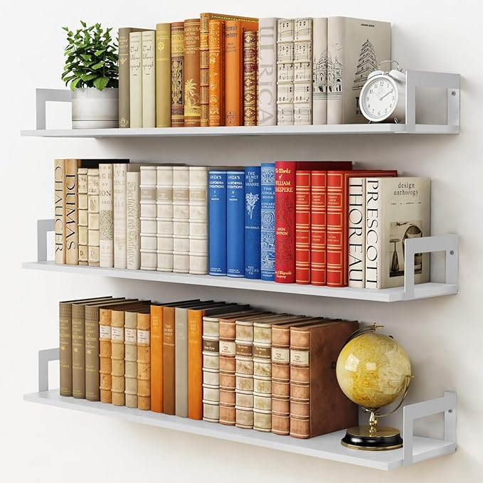 Harwaya White Floating Book Shelves for Wall, 36 Inch Wall Bookshelf for Kids Bedroom, Large Deep Hanging Shelves with Metal Brackets for Living Room Office DÃ©cor Indoor Plants (3-Pack)