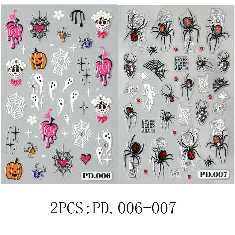 2Pcs Halloween Nail Stickers 5D Embossed Self Adhesive Day of The Dead Nail Decals with Cute Ghost Design Spider Web Pumpkin Nail Art Stickers Halloween Nail Supplies Nail Art Decoration for Women