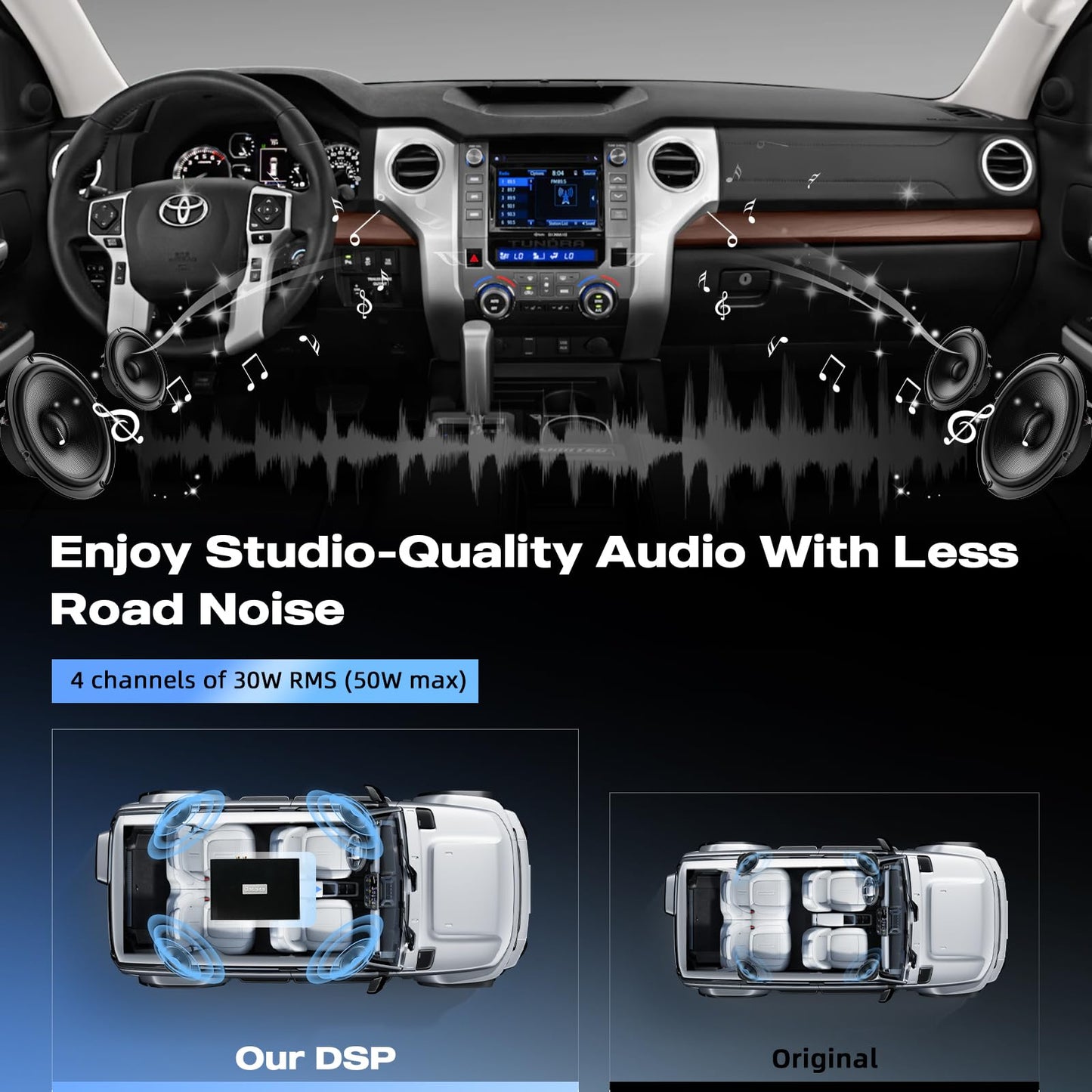 Dasaita 4-Channel DSP Car Amplifier for 2014-2019 Toyota Tundra/Tacoma/4Runner/Corolla/Sienna/RAV4(Non-JBL Models), 4x50W Max Power, 4Ω Stable, Plug & Play, 2-CH Sub Out, Treble/Mid/Bass ±15dB Tuning