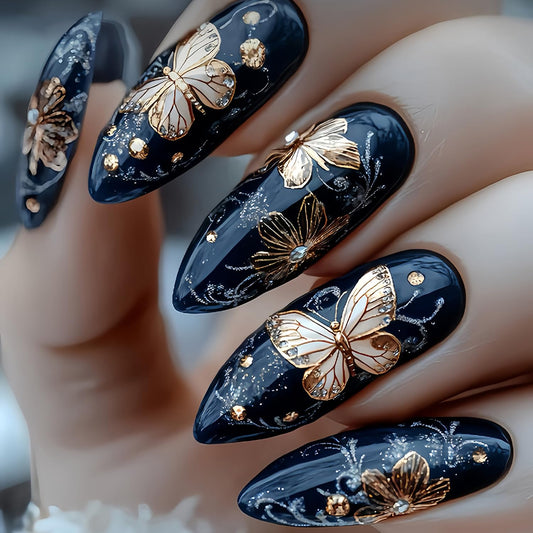 Retro Butterfly Press on Nails Medium Almond Fake Nails Flower Pattern Glue on Nail Glossy Full Cover Acrylic False Nail for Women
