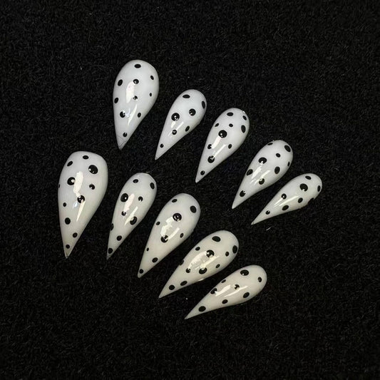 Handmade Long Curved Press on Nails Luxury Black Polka Dot Fake Nail with Designs Eagle Claw Extra Curved Press on Nails Full Cover Artificial Acrylic Nail Stick on Nails for Women (Size M)