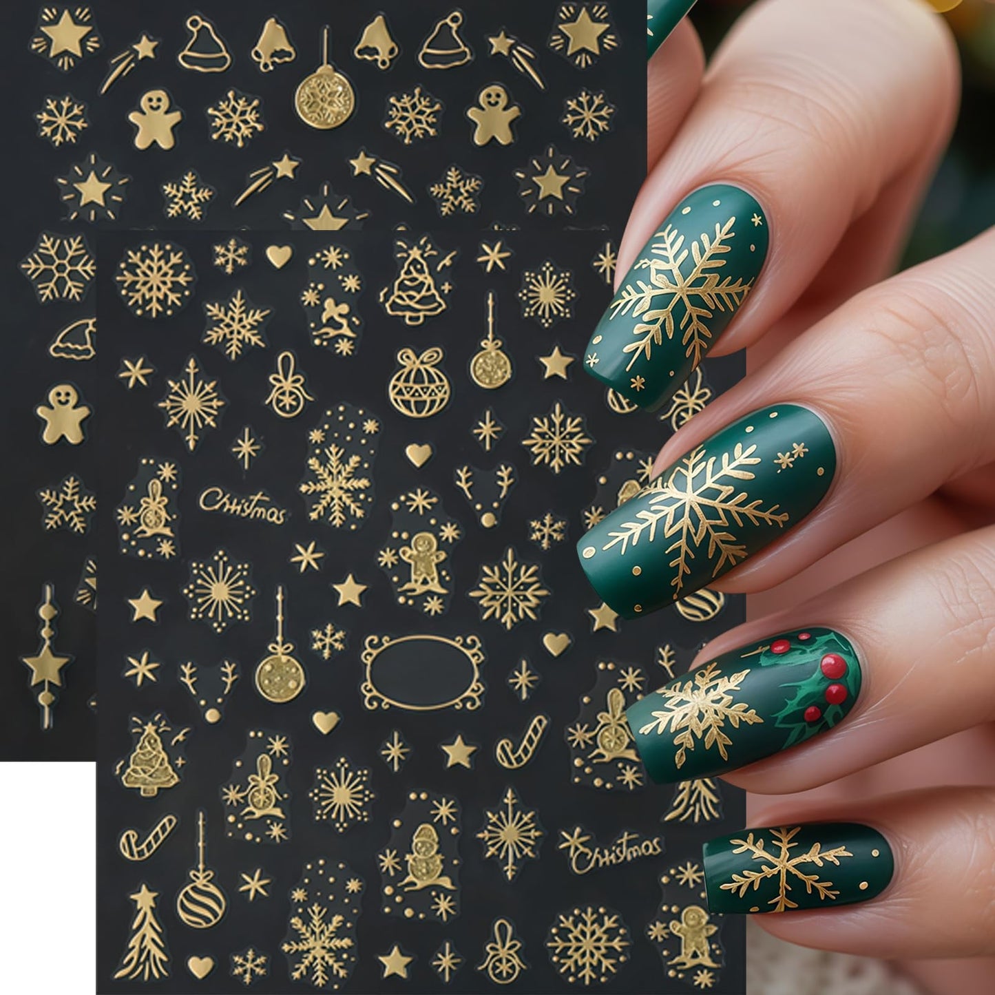 12 Pcs Christmas Nail Stickers Gold Glitter Snowflake Nail Decals Metallic Santa Claus Gingerbread Man Xmas Tree Nail Supplies Christmas Snowmen Nails Supplies for Women Winter Holiday DIY Manicure