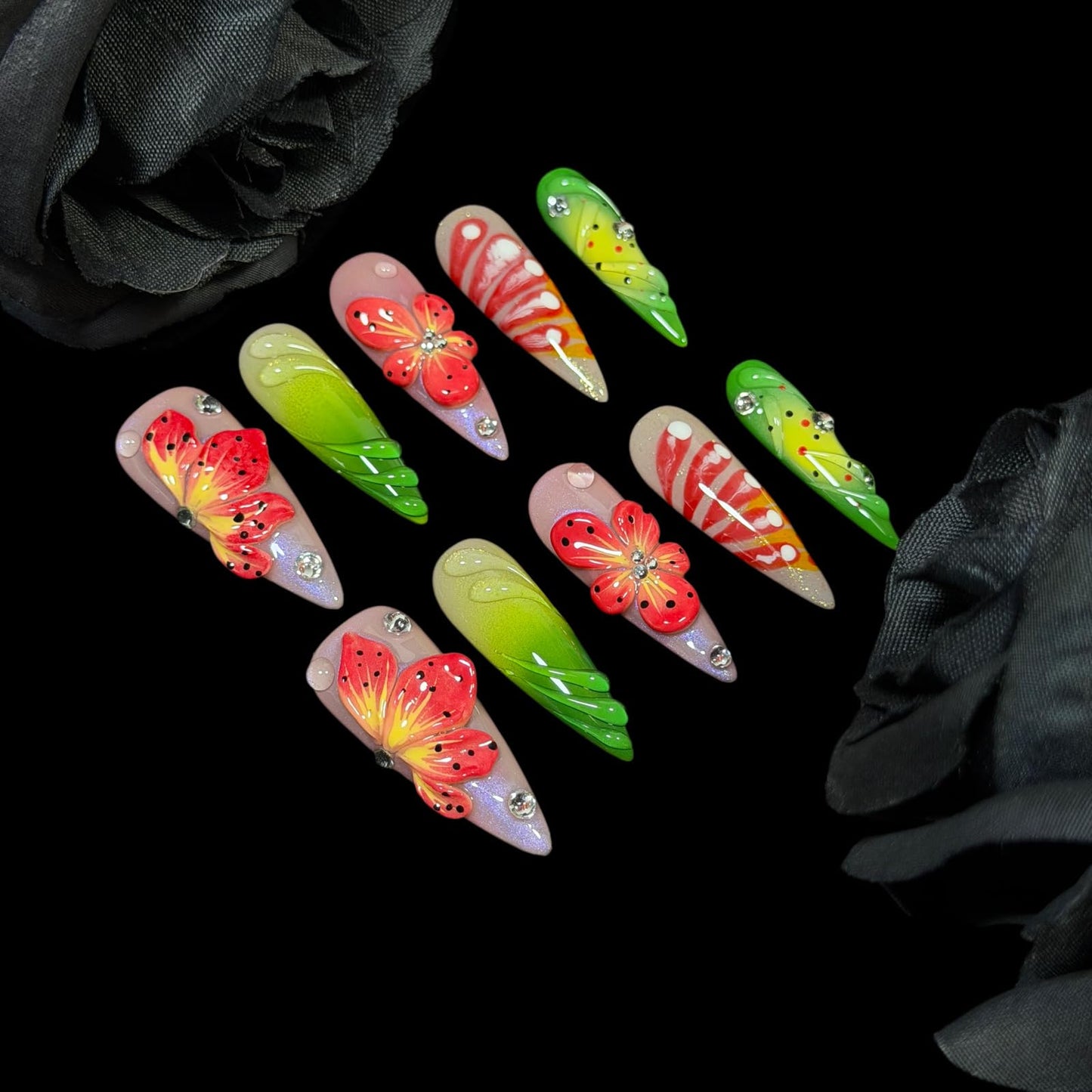 Handmade Press On Nails, Stiletto Shape, 3D Floral Botanical Muse Art, Vibrant Multi-Color Design, Thick Acrylic Fake Nails Set Tropical (M)
