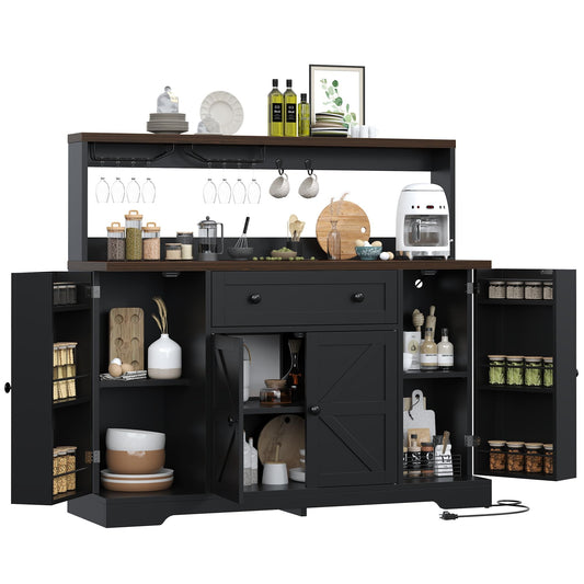 VVFLU Hutch Storage Buffet Cabinet with Drawers, and Charging Station, Coffee Bar Cabinet with Barn Doors, Wine Rack and Hooks, White Wood Sideboard Buffet for Kitchen, Dining Room, 47.8" High
