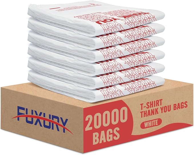 Fuxury 20000 Count (20K) in Bulk Thank You Plastic Tshirt Bags with Handle (11.5" x 6.5" x 21") White, Grocery, Take Out, To Go, Retail Shopping Bags for Small Business