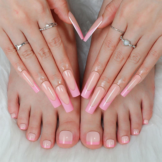 48Pcs Pink French Tips Press on Toenails Nude Pink Press on Nails Long Square Stick on Nails with Designs Full Cover pink Fake Toenails Glossy Summer False Toenails for Women Girls DIY Manicure