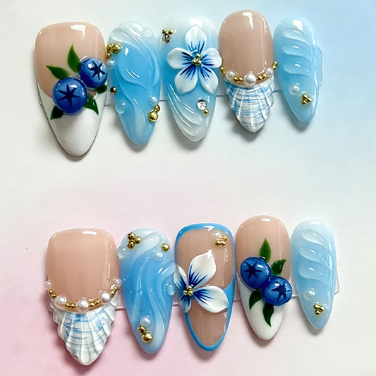 30Pcs Handmade Press on Nails Medium Almond False Nails 3D Ocean Wave Blueberry Floral Shell Design French Tip Fake Nails with Pearls Rhinestones Glossy Full Cover Acrylic Stick on Nails for Women