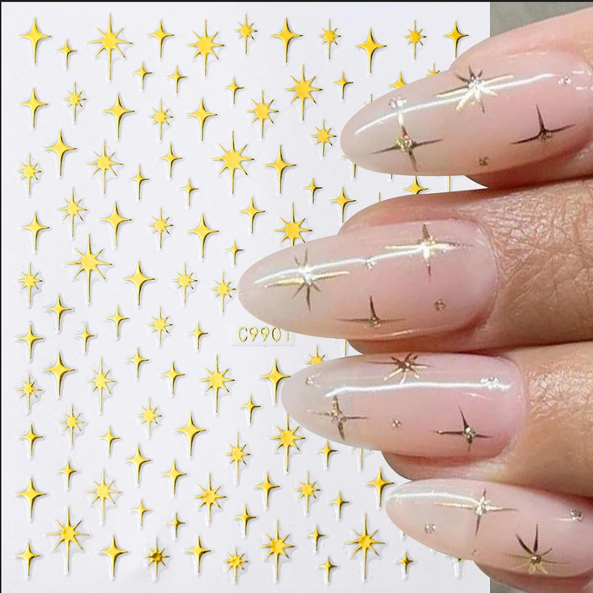 Star Nail Art Sticker 3D Glitter Metallic Laser Starlight Nail Stickers Silver Star Champagne Gold Black Shiny Sparkle Star Nail Tip Foil Adhesive Decals for Woman DIY French Manicure Accessories 6pcs