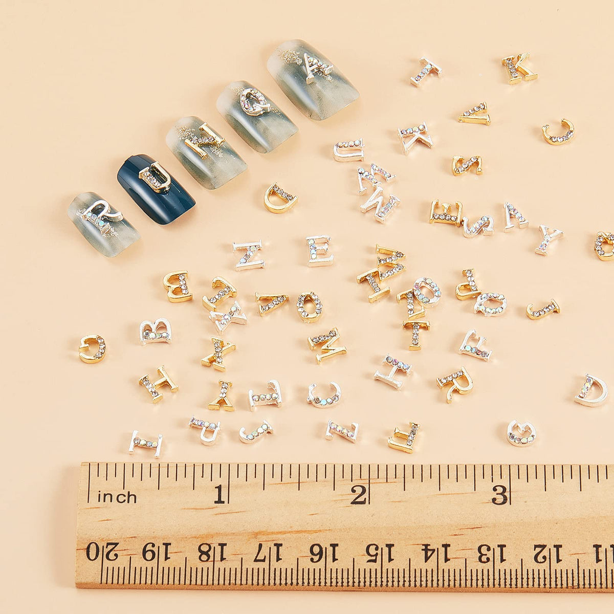 Maitys 104 Pcs Gold Silver Letter Nail Charms 3D Capital Charms Studs Letters and Rhinestone Crystal Nail Decals English Alphabet Fingernail Art Decoration for Women Female DIY Fingernail Art