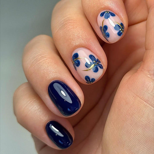 24pcs Blue Press on Nail Short Square Fake Nails Glossy Spring with Floral designs Gold Stripe Stick on Nail Full Cover Acrylic False Nails Reusable Gel Glue on Nails for Women Summer Manicure