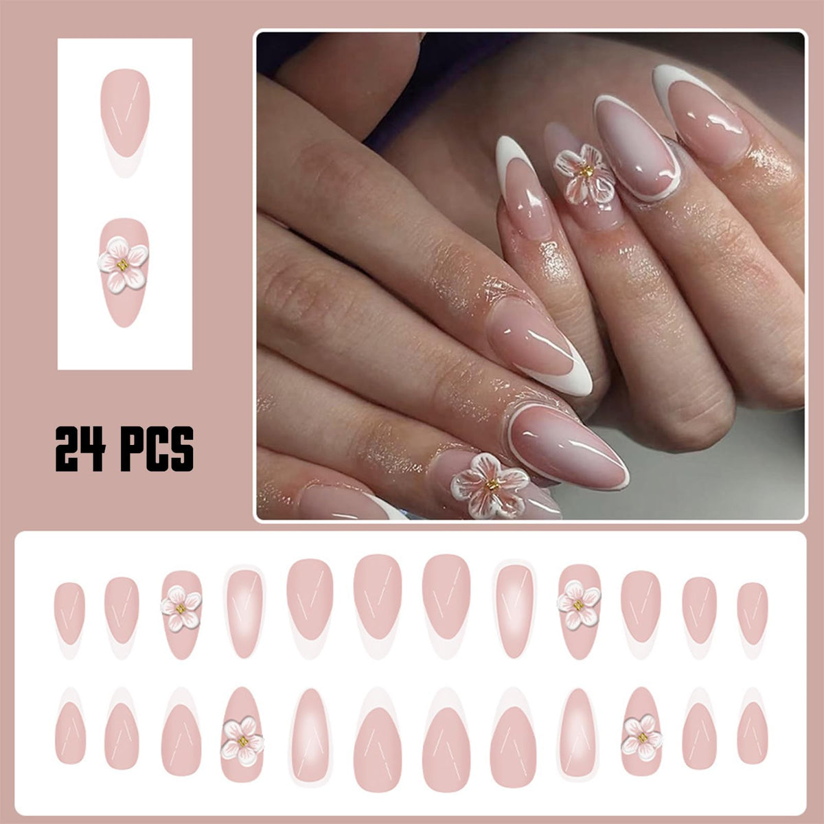 24Pcs 3D Embossed Flower Press on Nails Medium Almond Fake Nails white French Tip with Gold Pearl Design False Nails Cute Pink Floral Glossy Acrylic Artificial Stick Nails for Women DIY Manicure 24Pcs