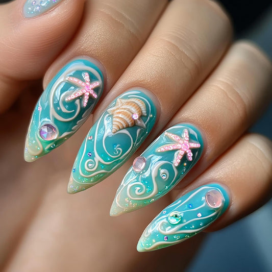 Starfish Shells Press on Nails Medium Length Light Blue Almond Tip False Nail Rhinestones Marine Life Pattern Design Full Cover Press Ons Stick on Nails Artificial Acrylic Glue on Nail for Women