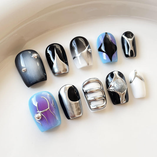 [GLORS] Purely Handmade Press On Nails | AI Cyberpunk Style Wearable Fake False Nails | Salon Quality with Metallic Short Nail Art in Short Square 10 pieces(XS,SS)