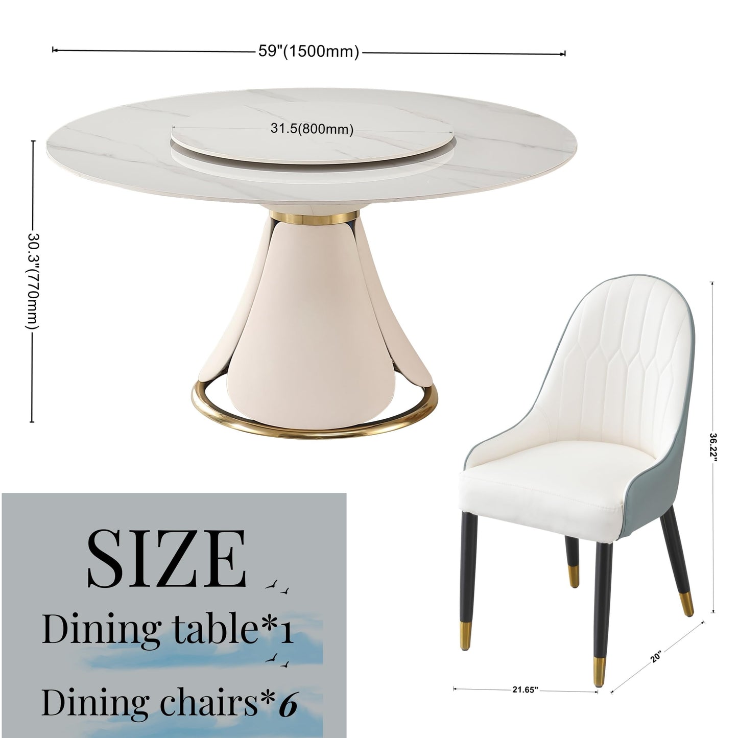 Montary 7 Piece Dining Table Set, Modern Dining Table Set of 6, White 59" D Faux Marble Dining Room Table Sintered Stone Round Table with 6 Blue Dining Chairs