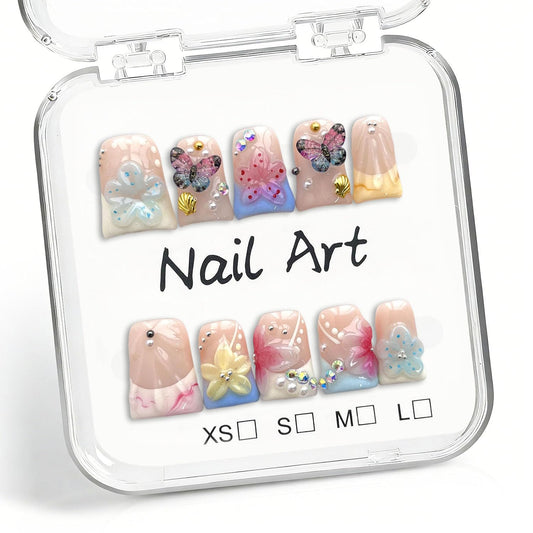 Duckbill Shape Handmade Press on Nails Kit French Flower Nails with 3D Butterfly Pearl Designs Glossy Fake Nails Elegant Short Duck Fake Nail Salon Quality Stick on Nail for Women (M)