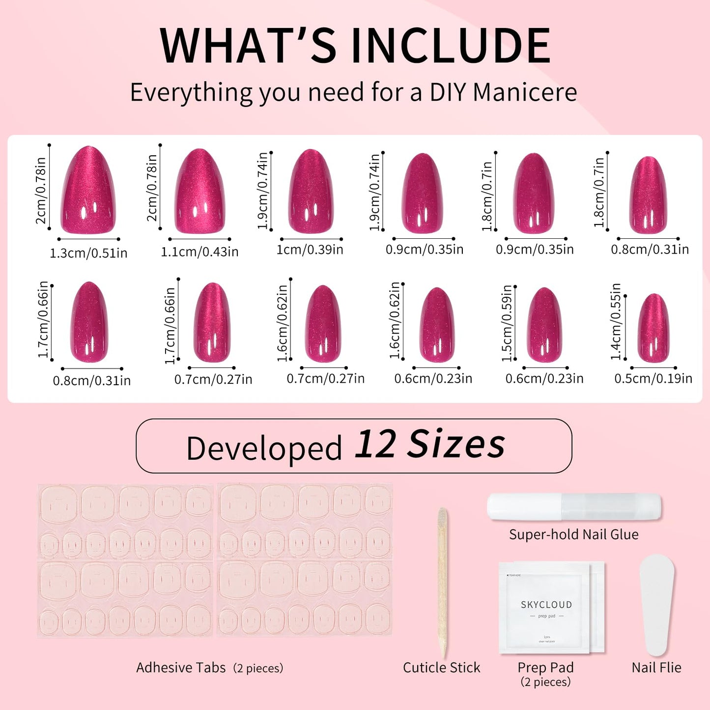 Rose Red Almond Cat Eyes Press On Nails,12 Sizes - 24 Pcs Soft Gel Red Medium Fake Nails Kit with Nail Glue, Natural Reusable Stick On False Nails for Women and Girls SK1024
