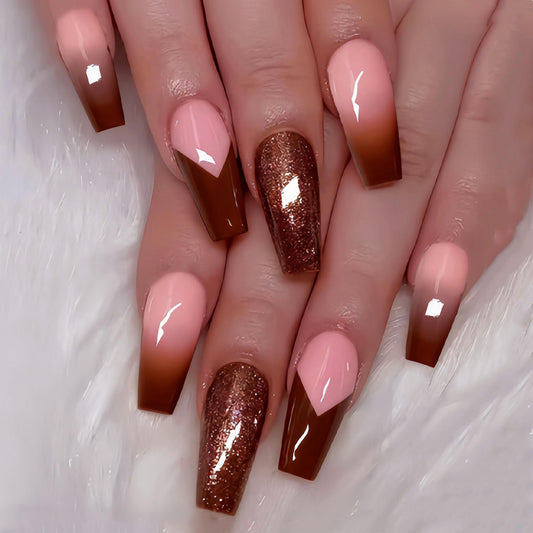 MERVF Coffin Press on Nails Long, Red Brown Ombre French Tip Fake Nails Glitter Glue ons Solid Color Chevron Design Acrylic Nail Glossy 24pcs