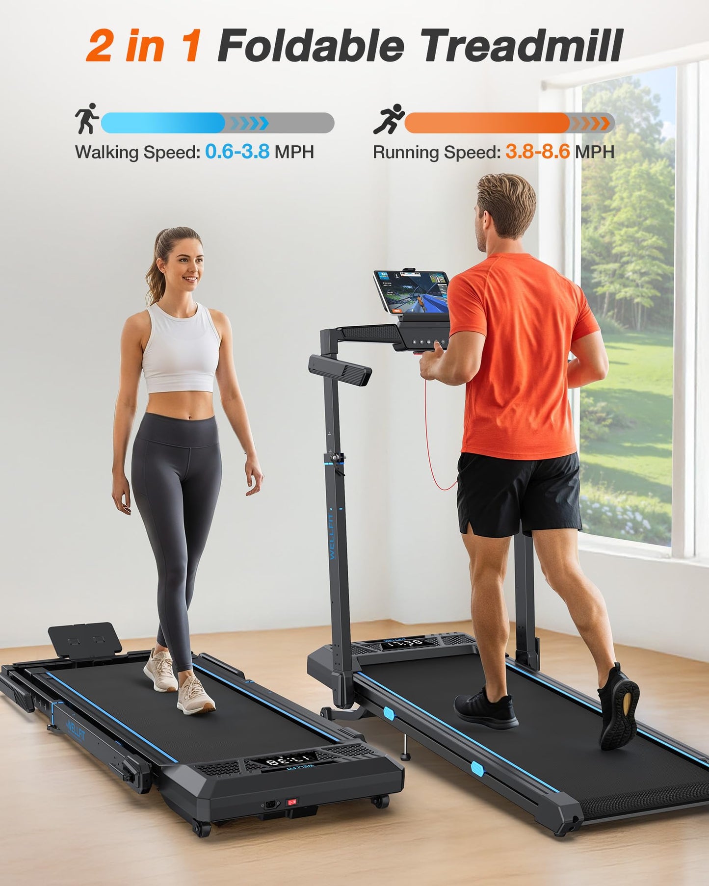 WELLFIT Treadmill with Auto Incline, 4 in 1 Foldable Treadmills for Home with Adjustable Height, 3.5HP Quiet Under Desk Treadmill, 350 LBS Capacity Portable Walking Pad with App, Space-Saving Design