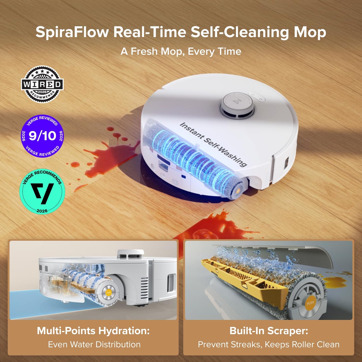 roborock Qrevo Curv 2 Flow Robot Vacuum and Mop, SpiraFlow Real-Time Self-Cleaning Roller Mop, 20,000 Pa, Dual Zero-Tangle System, AI Obstacle Avoidance, Heat-Washes & Dries Mop, Carpet Protection