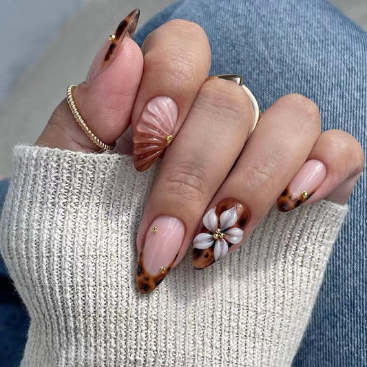 plalely Almond Press on Nails Medium Brown Fake Nail3D Flowers Designs Acrylic Nail Press ons Stick on Nails for Women 24pcs