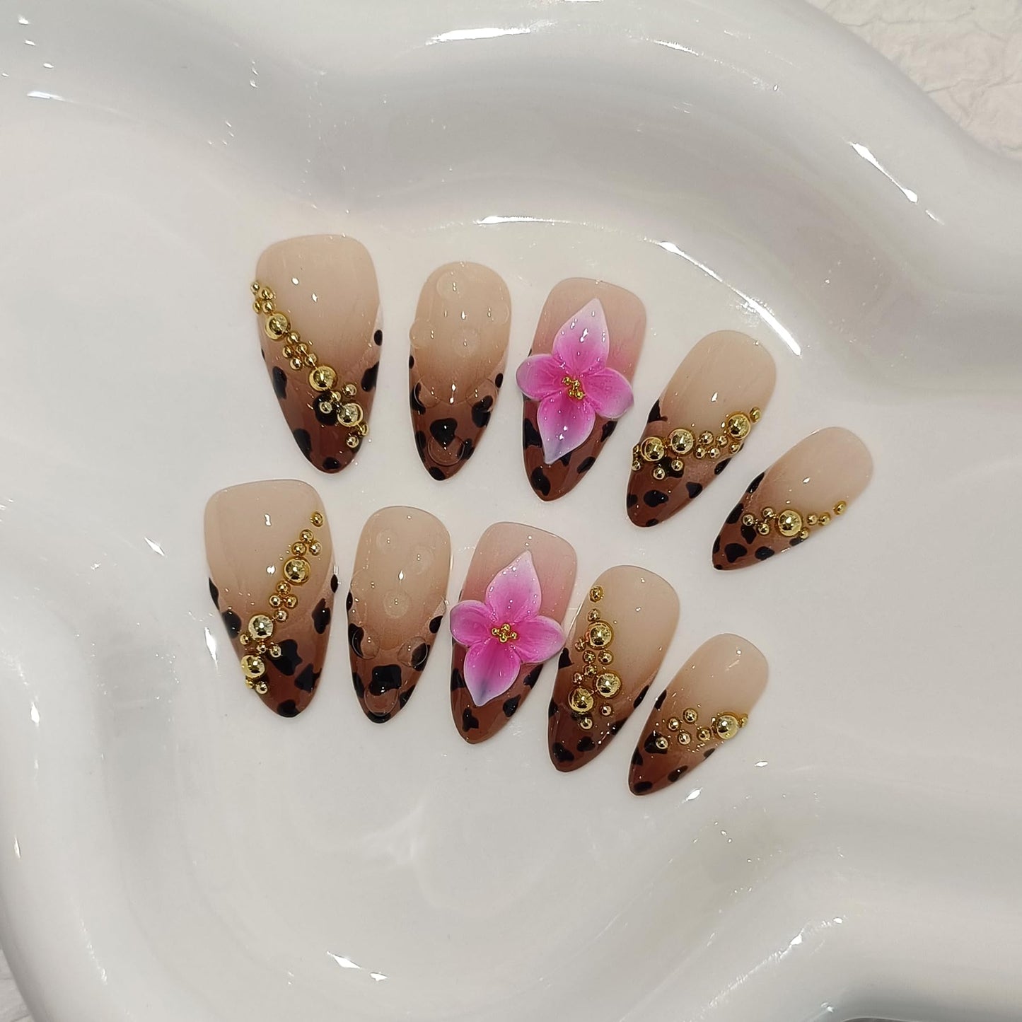 TENPAL 10-Piece Almond Press-On Nails Kit,Sexy Leopard French Tips Fake Nails with 3D Gold Beads & Pink Flowers,Brown Y2K Nails for Women, Edgy Yet Cute Daily Wear False Nails with All Tools(L)