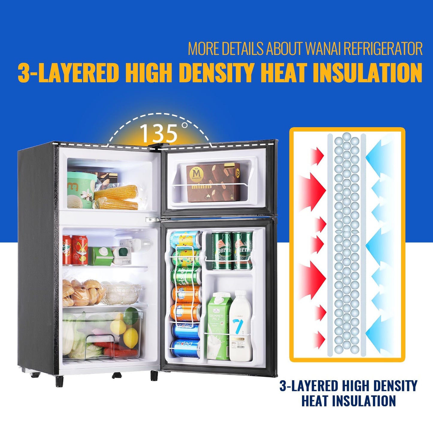 WANAI 3.5 Cu.Ft Mini Fridge With Freezer Freestanding Refrigerator with Freezer,7 Level Adjustable Thermostat Removable Shelves Small Refrigerator for Office Dorm Apartment Grey