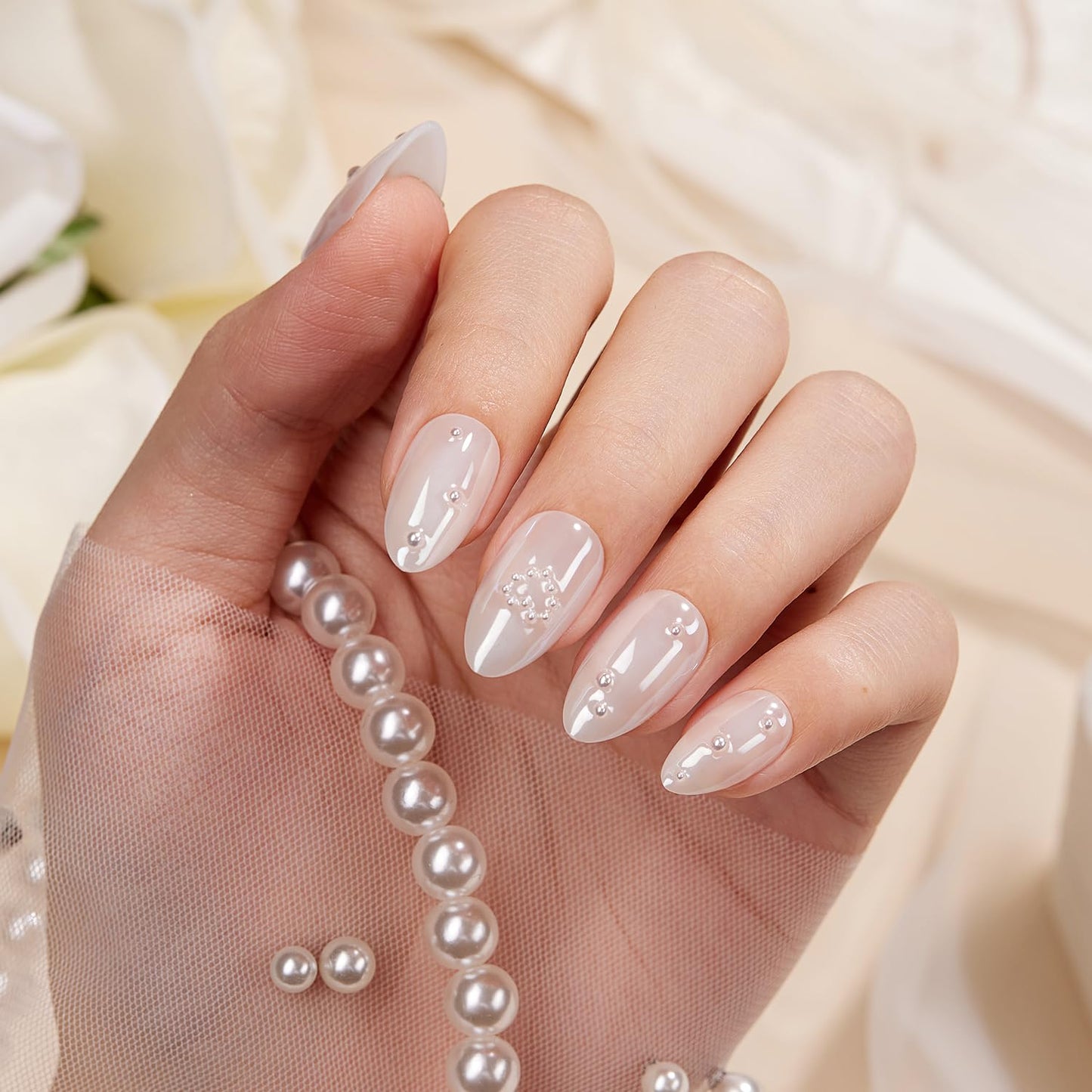 VSALON Short Almond Press on Nails - White Chrome Glazed 3D Pearl Design Fake Nails, Spring Summer Reusable Gel Salon Quality Glue on Nails & Cuticle Oil - 32 PCS Stick on Nails in 16 Sizes